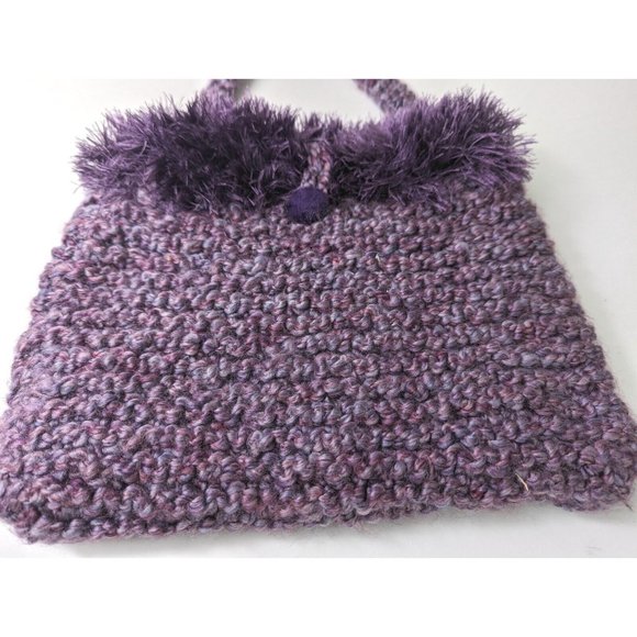 Vintage Crochet Knitted Purple Shoulder Bag Buttoned Single Strap Handmade - Picture 2 of 8